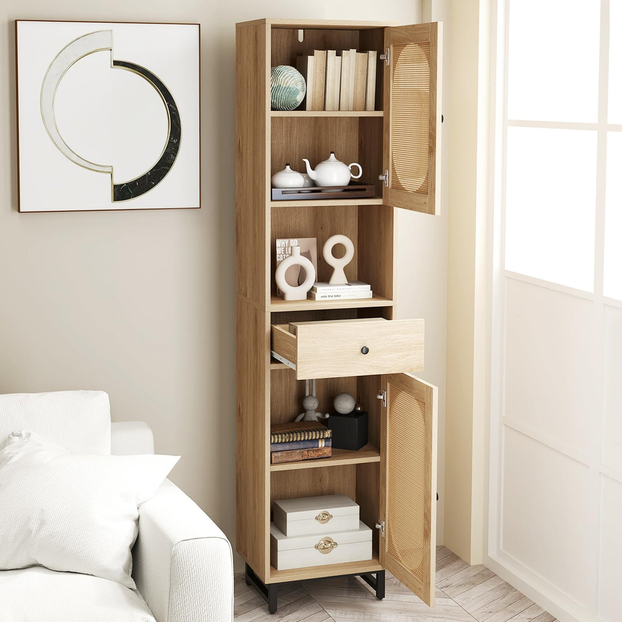 Giantex 67" Tall Bathroom Cabinet, PE Rattan Storage Cabinet with 2 Doors, Open Compartment & Drawer, Adjustable Shelves, Anti-toppling Device & Metal Legs, Floor Organizer for Living Room, Kitchen Giantex