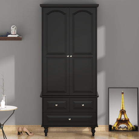 FUNISIR Bedroom Wardrobe Cabinet with 2 Doors, Wood Armoire Closet with Hanging Rod, Wardrobe Closet with 3 Drawers & Multi-Shelves for Clothes Organize, Black (19.7" D x 31.5" W x 70.9" H) FUNISIR