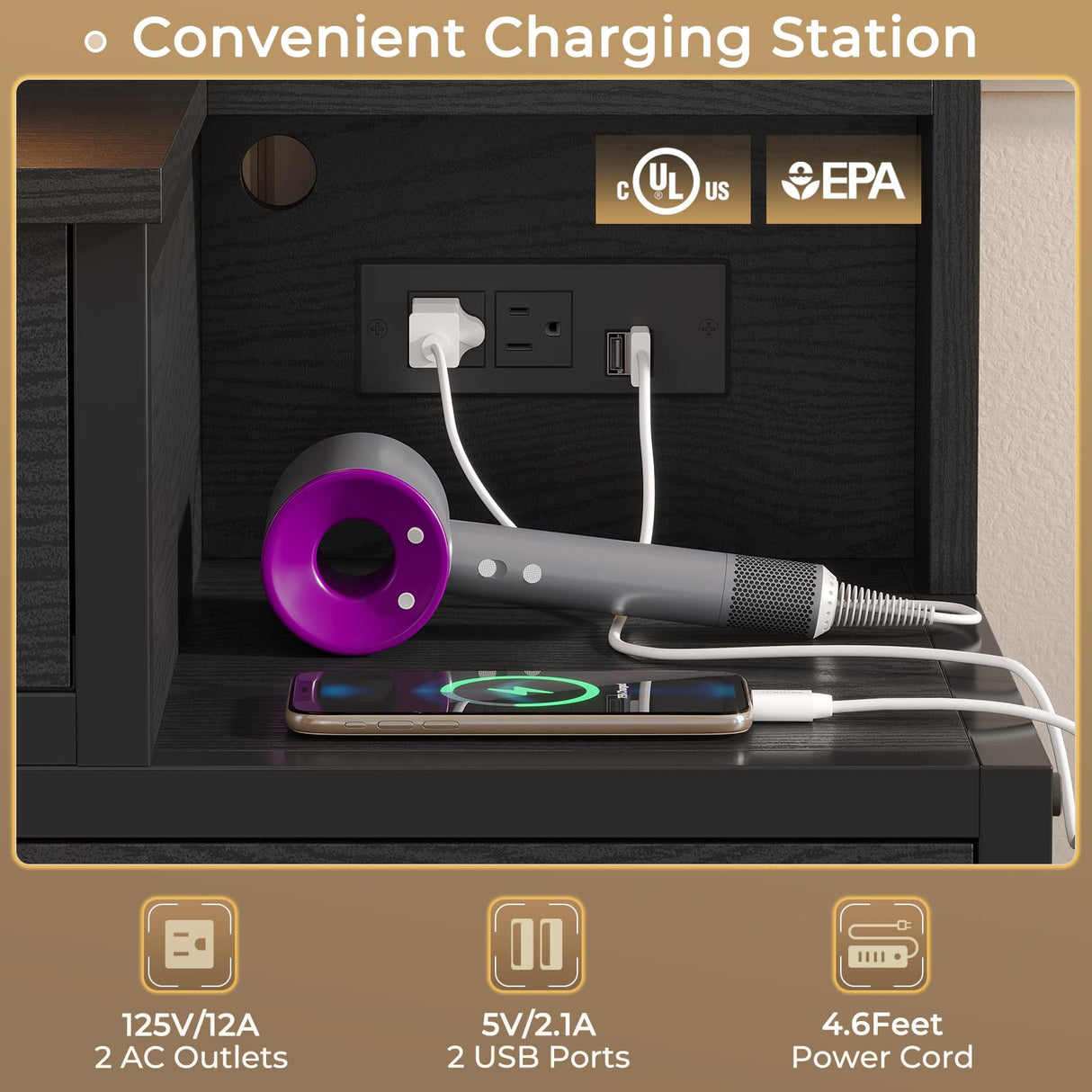 BTHFST Vanity Desk with Lights, Mirror, Charging Station - Black Wood Grain BTHFST