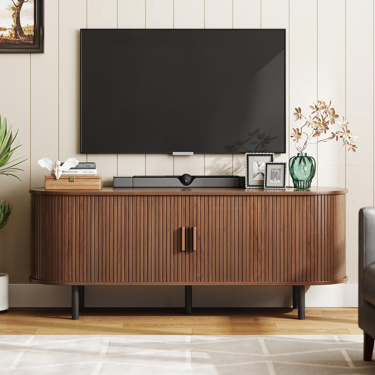 ONBRILL 55" TV Stand with Power Outlet for TVs up to 60 Inch, Entertainment Center with Storage and Adjustable Shelves, Modern Media Console with Sliding Doors for Living Room, Walnut ONBRILL