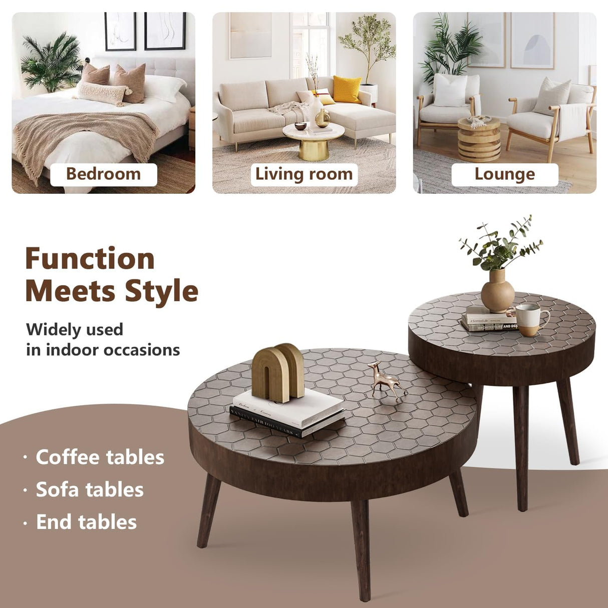 COSIEST Round Coffee Table Set of 2, Nesting Table with Honeycomb Pattern, Modern End Table Set of 2, Wood Cocktail Table for Living Room, Farmhouse, Brown COSIEST