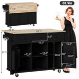 Rovibek 53in Mobile Kitchen Island with Drop Leaf, Storage Drawers, and Spice Rack in Jet Black Rovibek