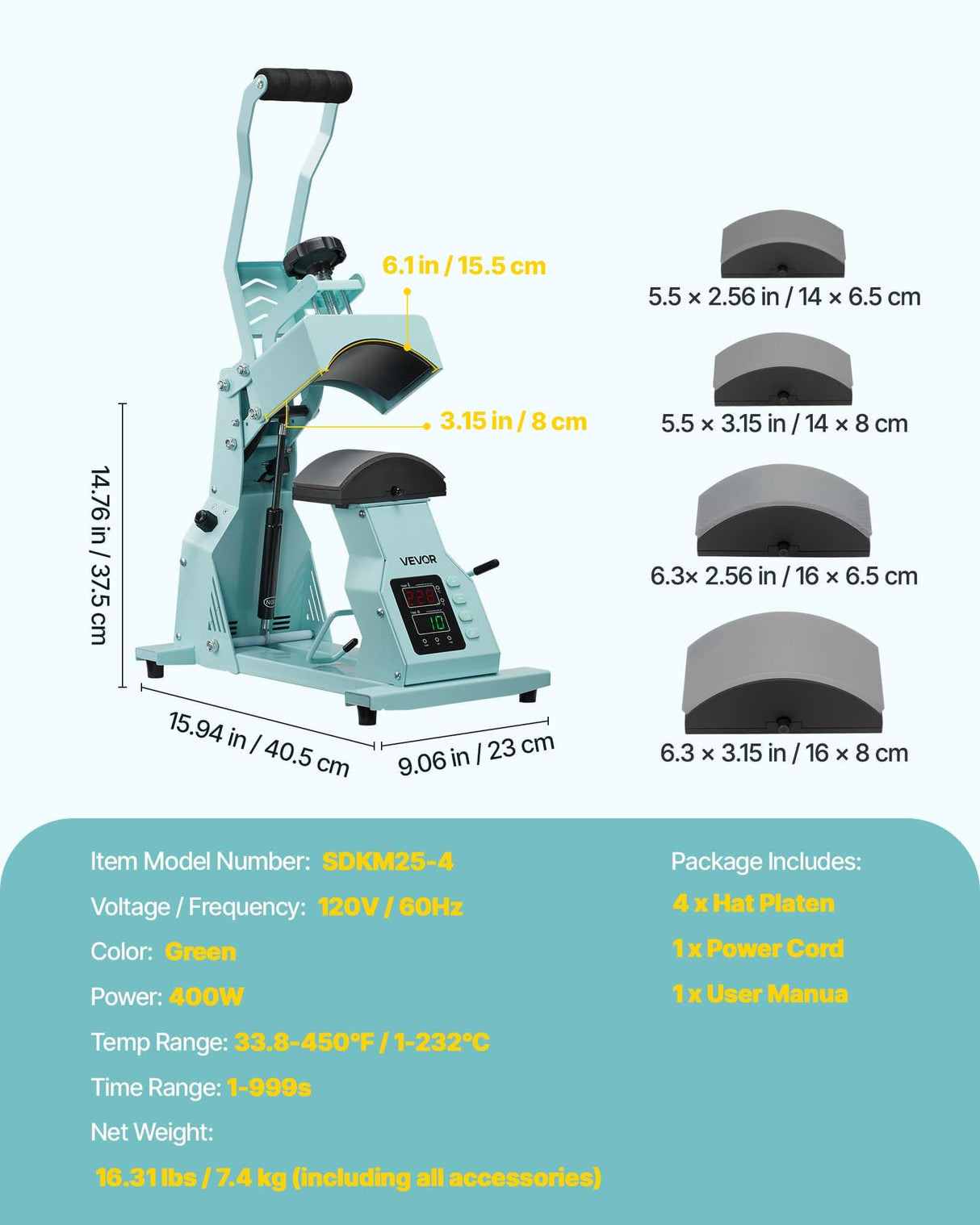 VEVOR Hat Heat Press Machine, with 4pcs Interchangeable Platens, Precise Temperature and Time Control, Hat Press for HTV Iron On and Sublimation Projects, for Caps, Headbands, Cuffs, Face Masks, Green VEVOR