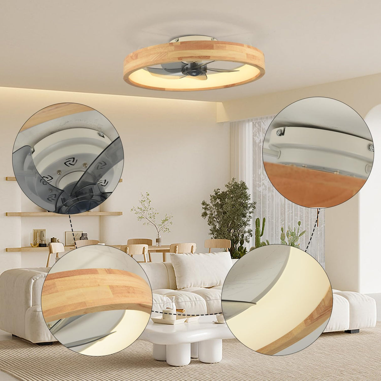 WenineStar 20” Ceiling Fan with Light, Dimmable LED Timing with Remote Control, 5 Invisible Reversible Blades Semi Flush Mount Low Profile Fan, Wood WenineStar