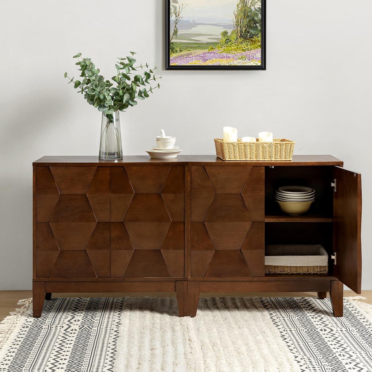 HULALA HOME Modern Buffet Cabinet Kitchen Storage Cabinet with 3D Geometric Design, Free Standing Sideboard Solid Wood Legs Adjustable Shelf, Walnut Accent Cabinet for Living Room Dining Room Hallway HULALA HOME