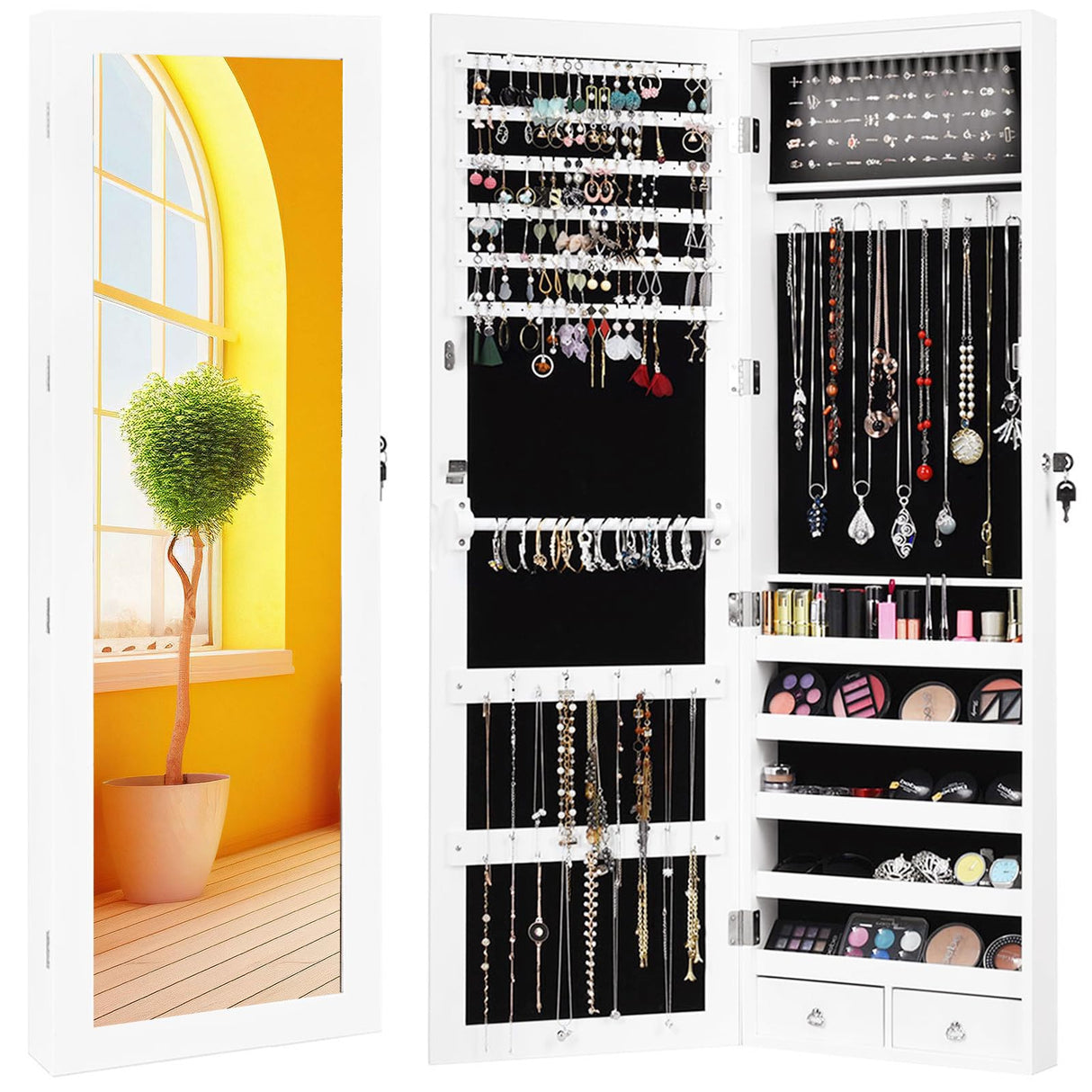 Giantex 15 LEDs Jewelry Armoire, Wall Mounted or Door Hanging, Lockable Jewelry Cabinet with Full Length Mirror, Large Storage Jewelry Organizer Box Armoire for Girls Women (14.5"W x 3.5"D x 47.5"H) Giantex