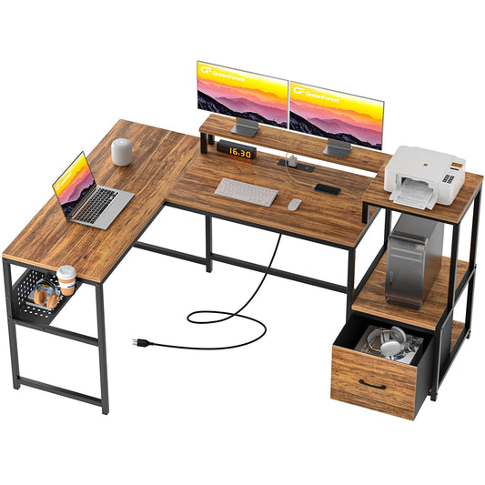 GreenForest 69 inch L Shaped Computer Desk, Corner Desk with Drawers and Power Outlet, Home Office Desk, Gaming Table with Storage and Long Monitor Shelf, Walnut