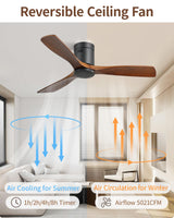 CACI Mall 52 Inch Flush Mount Wood Ceiling Fan without Light,Low Profile,Modern,6 Speed,3 Blades Timer,Remote Control,Quiet Reversible DC Motor for Berdrooms, Livingroom, Patios CACI Mall
