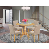 East West Furniture DLAB5-OAK-04 5 Piece Dinette Set for 4 Includes a Round Dining Room Table with Dropleaf and 4 Light Tan Linen Fabric Parsons Dining Chairs, 42x42 Inch, Oak East West Furniture