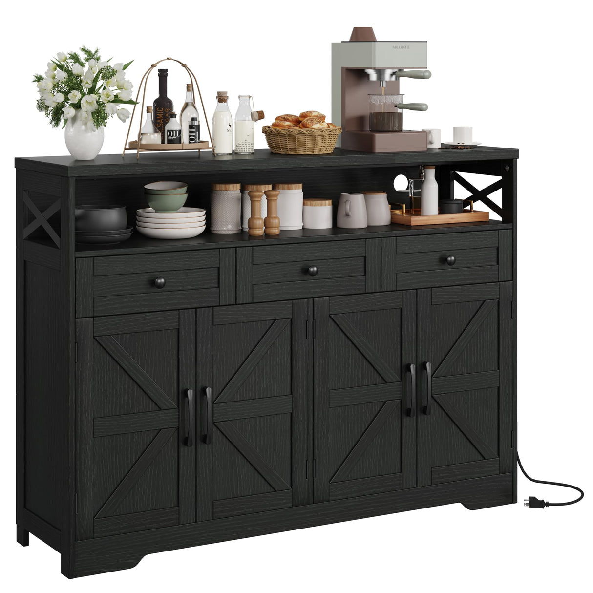 Befrases 51" L Modern Farmhouse Sideboard Buffet Cabinet, Black Storage Cabinet with Drawers & Shelves, Kitchen Pantry Hutch Cabinet, Coffee Bar Station Table for Living Room, Dining Room, Entryway Befrases