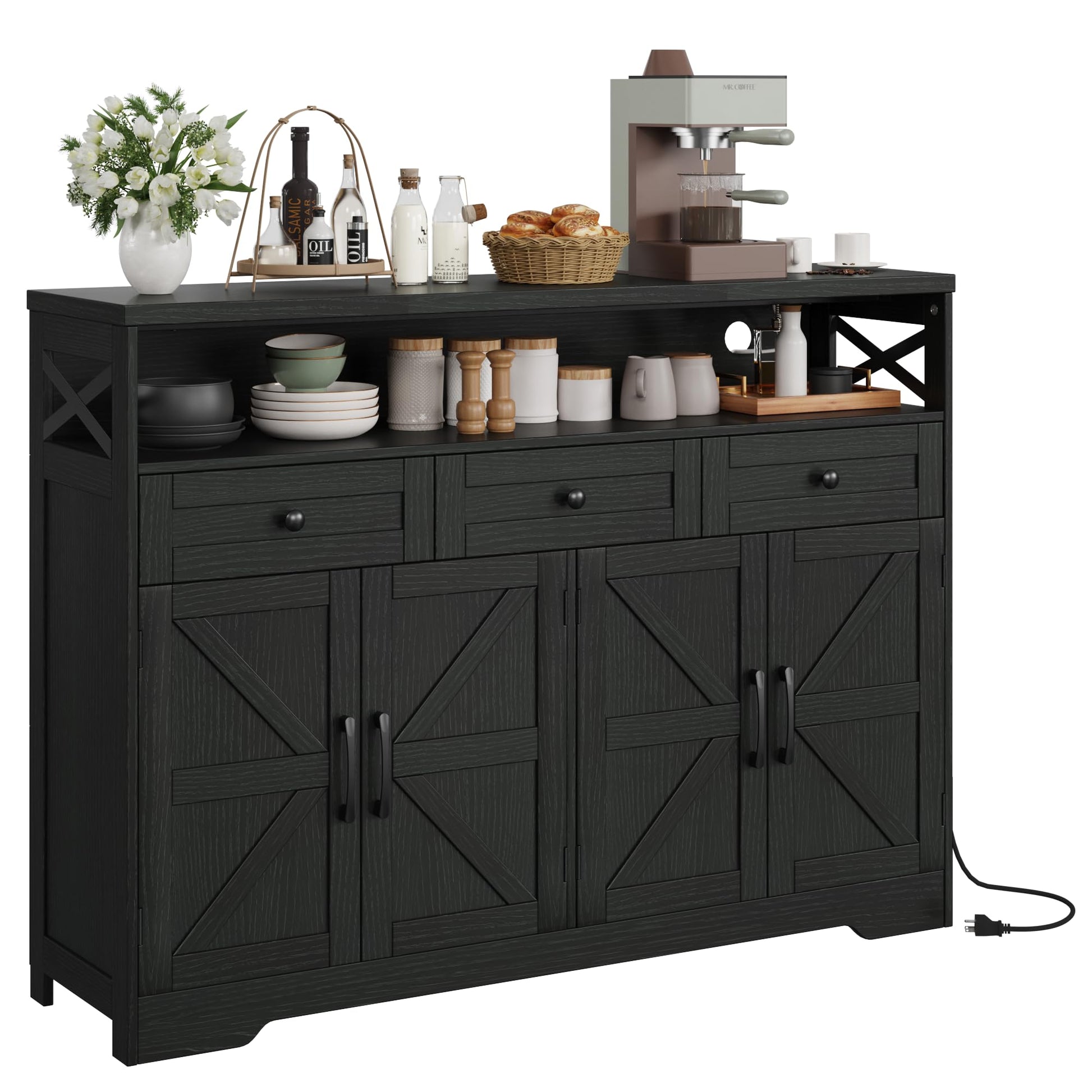 Befrases 51" L Modern Farmhouse Sideboard Buffet Cabinet, Black Storage Cabinet with Drawers & Shelves, Kitchen Pantry Hutch Cabinet, Coffee Bar Station Table for Living Room, Dining Room, En - WoodArtSupply