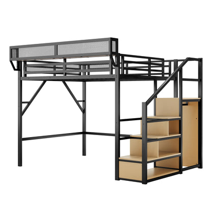 SOFTSEA Queen Size Loft Bed with Storage Stairs, Heavy Duty Metal Loft Bed with Storage Wardrobe and Shelves for Adults Teens Kids, Space Saving Bed Frame with Guardrail, Black