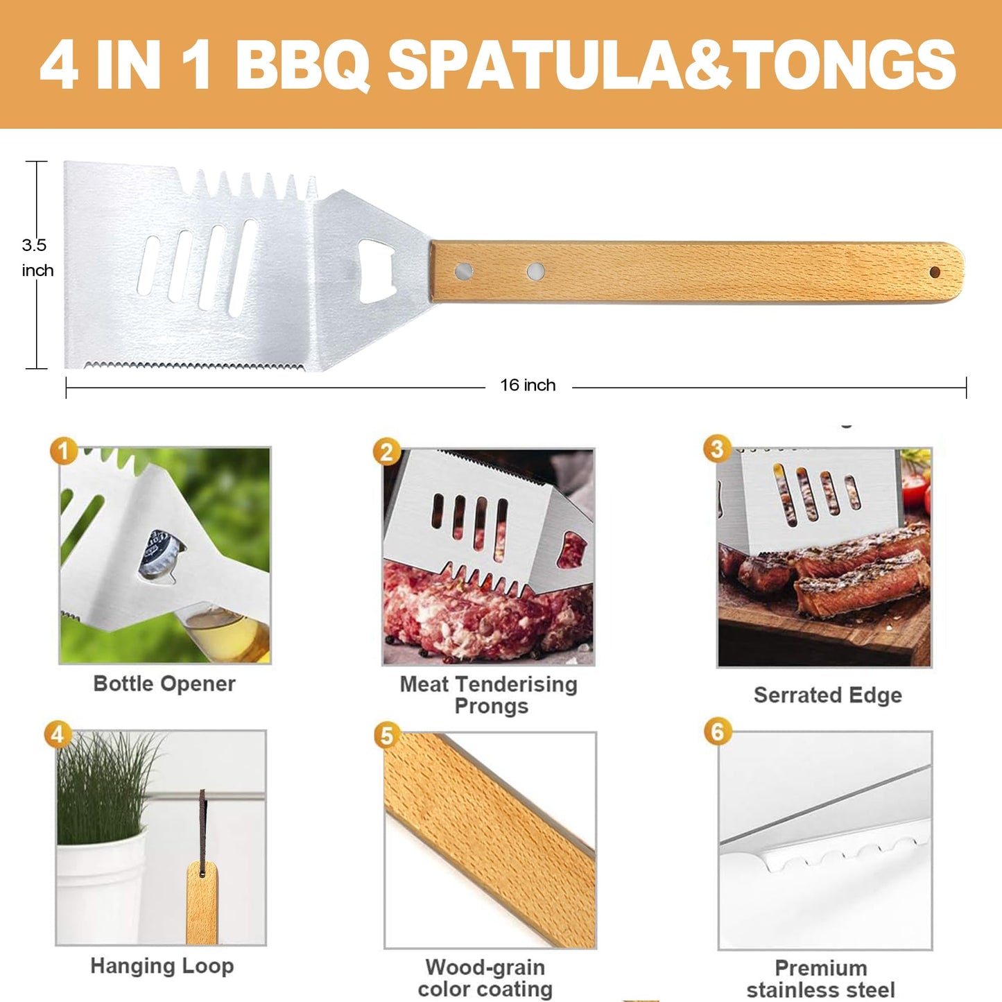 Valentines Day Grilling Accessories Gifts for Men, Heavy Duty Wooden BBQ Kit with Apron for Backyard, Thick Stainless Steel Grill Utensils with Non-Slip Handle Tools in Portable Bag for Dad Birthday