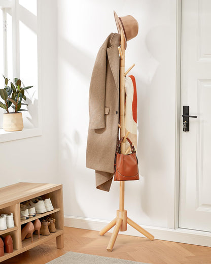 AMADA HOMEFURNISHING Coat Rack Stand, Wooden Coat Rack Freestanding with 8 Hooks, Coat Tree with 3 Height Configurations for Entryway, Hallway, Bedroom, Office, AMWCR01N