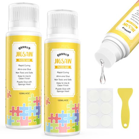 GHHKUD Jigsaw Puzzle Glue, 240ML Jigsaw Glue with Sponge Head, Non-Toxic and Quick Dry Puzzle Sealer for 4000/5000/6000 Pieces of Puzzle Jigsaw Accessories Glue Scrapper Included & Double-Sided Tape GHHKUD