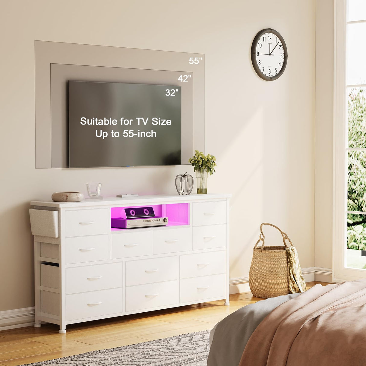 LIVEHOM Dresser TV Stand with Power Outlet & LED for 45'' TV, Long Dresser for Bedroom with 12 Drawers, Wide Console Table for Storage in Closet, Living Room, Entryway, Wood Top LIVEHOM