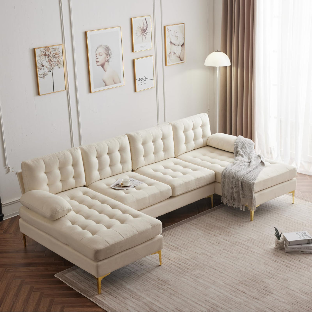 Karl home Sectional Sofa 110" U-Shape Sofa Couch Linen Fabric Upholstered with Double Chaises, Lattice Decorated, for Living Room, Apartment, Studio, Office, Creamy-White Karl home