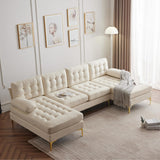 Karl home Sectional Sofa 110" U-Shape Sofa Couch Linen Fabric Upholstered with Double Chaises, Lattice Decorated, for Living Room, Apartment, Studio, Office, Creamy-White Karl home