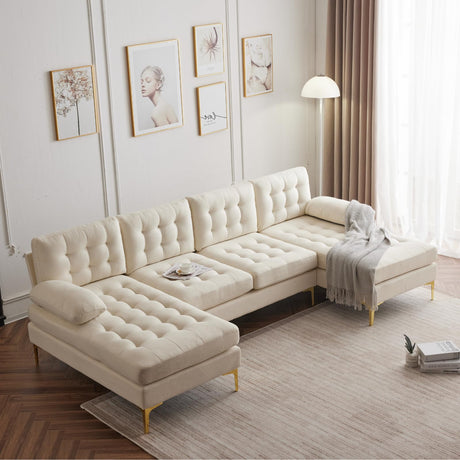 Karl home Sectional Sofa 110" U-Shape Sofa Couch Linen Fabric Upholstered with Double Chaises, Lattice Decorated, for Living Room, Apartment, Studio, Office, Creamy-White Karl home