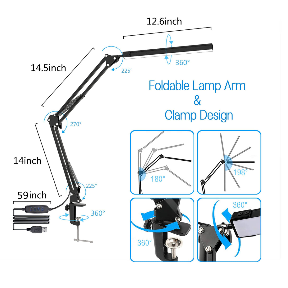 TROPICALTREE LED Desk Lamp, Swing Arm Desk Light with Clamp, 3 Lighting 10 Brightness Eye-Caring Modes, Reading Desk Lamps for Home Office 360°Spin with USB Adapter & Memory Function black-14W TROPICALTREE