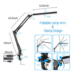 TROPICALTREE LED Desk Lamp, Swing Arm Desk Light with Clamp, 3 Lighting 10 Brightness Eye-Caring Modes, Reading Desk Lamps for Home Office 360°Spin with USB Adapter & Memory Function black-14W TROPICALTREE