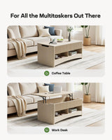 Marsail Lift Top Coffee Table with Open & Hidden Storage, Modern Fluted Coffee Table with Smooth Lift Mechanism, Sturdy Space-Saving Center Table for Home Living Room, Office, Natural Oak Marsail