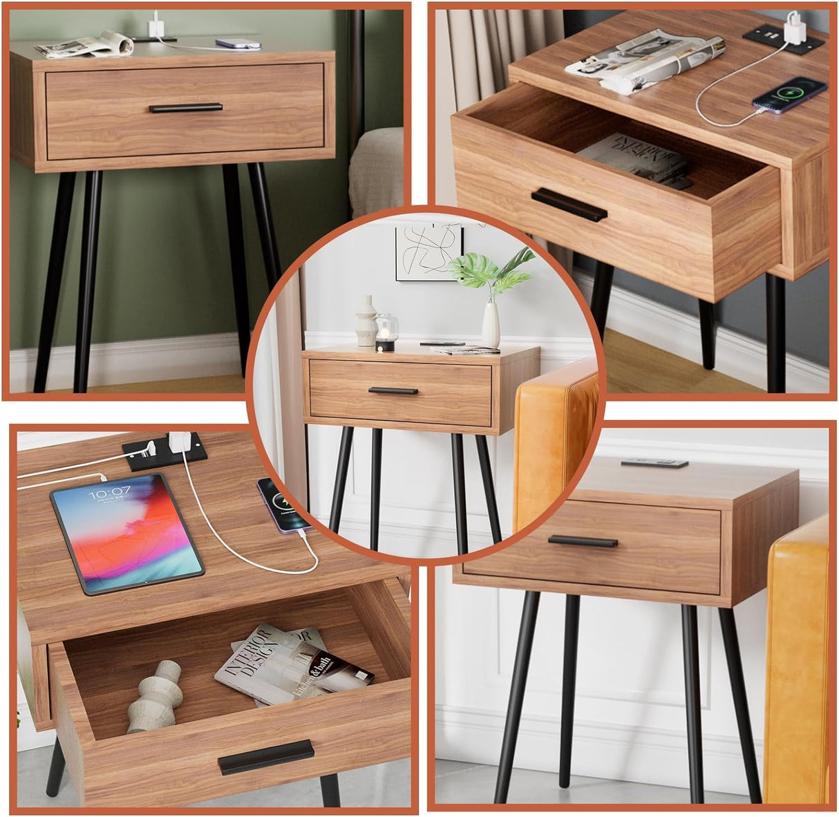 Our Modern Space 2 SET Nightstand with Charging Port and Wooden Drawers - Perfect for Small Side Table, Night Stand Night Stand - Walnut End Table, Dresser for Bedroom, Living Room, Dorm Our Modern Space