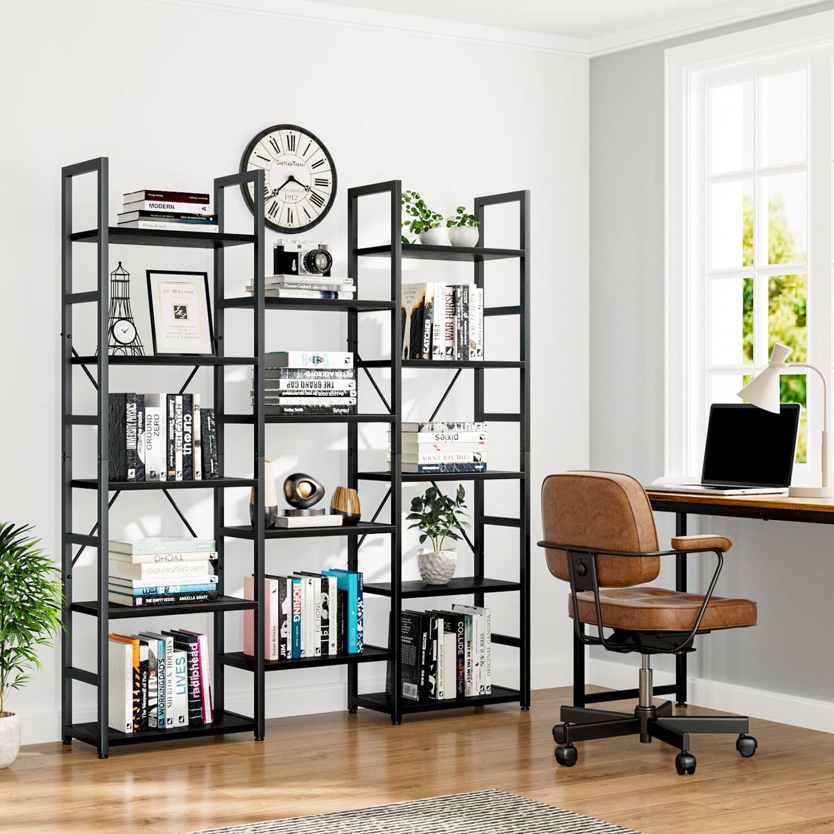 NUMENN Triple Column 5 Tier Bookshelf, Bookcase with 14 Open Display Shelves, Adjustable Rustic Industrial Style Book Shelves, Modern Bookshelves for Bedroom, Living Room and Home Office, Black NUMENN