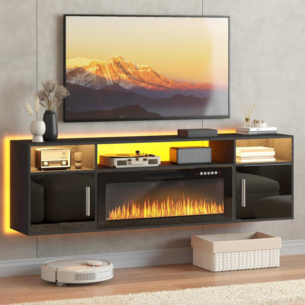 PUKAMI 70" Floating TV Stand with 36" Electric Fireplace,Wall Mounted Fireplace Entertainment Center with LED Lights and Highlight Storage Cabinet for TVs up to 80", for Living Room (Black) PUKAMI