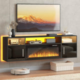 PUKAMI 70" Floating TV Stand with 36" Electric Fireplace,Wall Mounted Fireplace Entertainment Center with LED Lights and Highlight Storage Cabinet for TVs up to 80", for Living Room (Black) PUKAMI