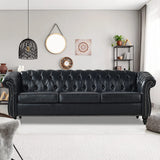 Vaztrlus Chesterfield Sofas for Living Room, Black Rolled Arm 3-Seater Leather 84" Large Couch Deep Button Nailhead Tufted Upholstered Couches for Bedroom, Office Apartment Easy to Assemble Vaztrlus