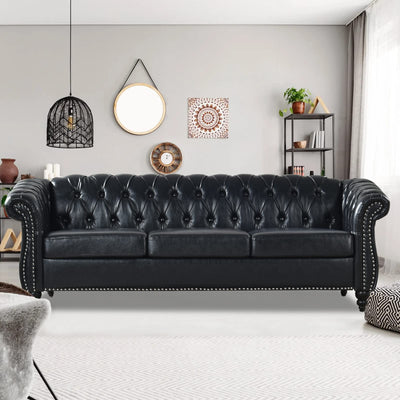 Vaztrlus Chesterfield Sofas for Living Room, Black Rolled Arm 3-Seater Leather 84" Large Couch Deep Button Nailhead Tufted Upholstered Couches for Bedroom, Office Apartment Easy to Assemble