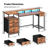 Furologee Computer Desk with Drawers, 60" Office Long Desk with Fabric File Cabinet and Power Outlets, Gaming Desk with LED Lights, Study Writing Work Desk for Home Office, Rustic Brown Furologee