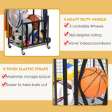 Snail 4-Tier Garage Sports Equipment Storage Organizer Sports Ball Storage Rolling Cart with Basket and Hooks Lockable Sports Ball Cage Storage Rack for Garages, Playgroup, Gym and Schools, Black Snail