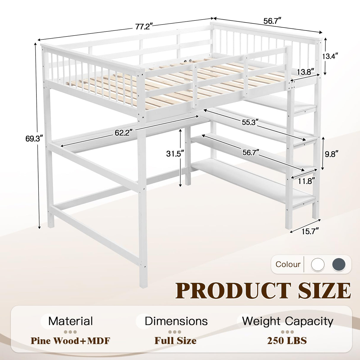 KINFFICT Loft Bed Full Size with Desk and Shelves, Heavy Duty Full Loft Bed Frame with Bookcase Storage, Solid Wood Lofted Bed Frame, Space-Saving, Noise Free, No Box Spring Needed KINFFICT