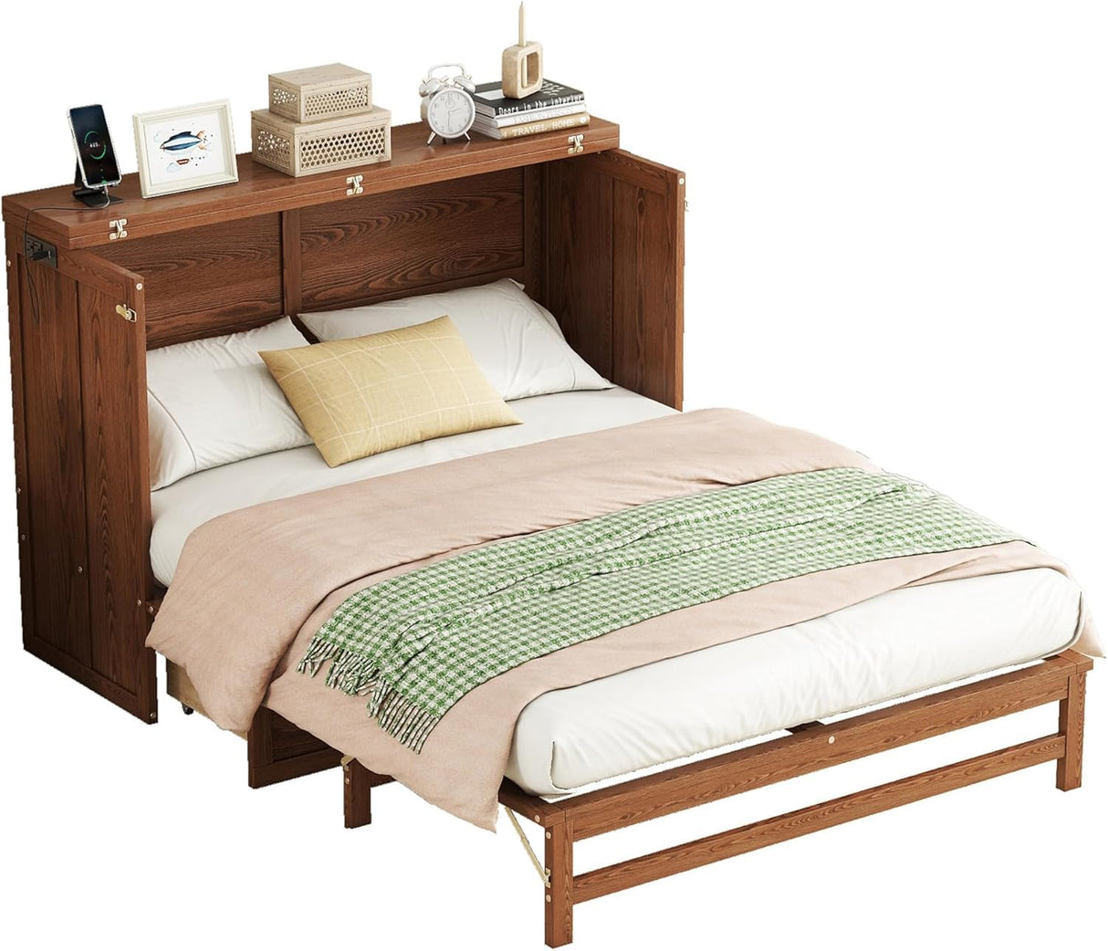 MERITLINE Solid Pine Wood Full Murphy Bed with Storage Drawer and Charging Station,Wood Folding Walnut Murphy Chest Bed Cabinet for Adults MERITLINE