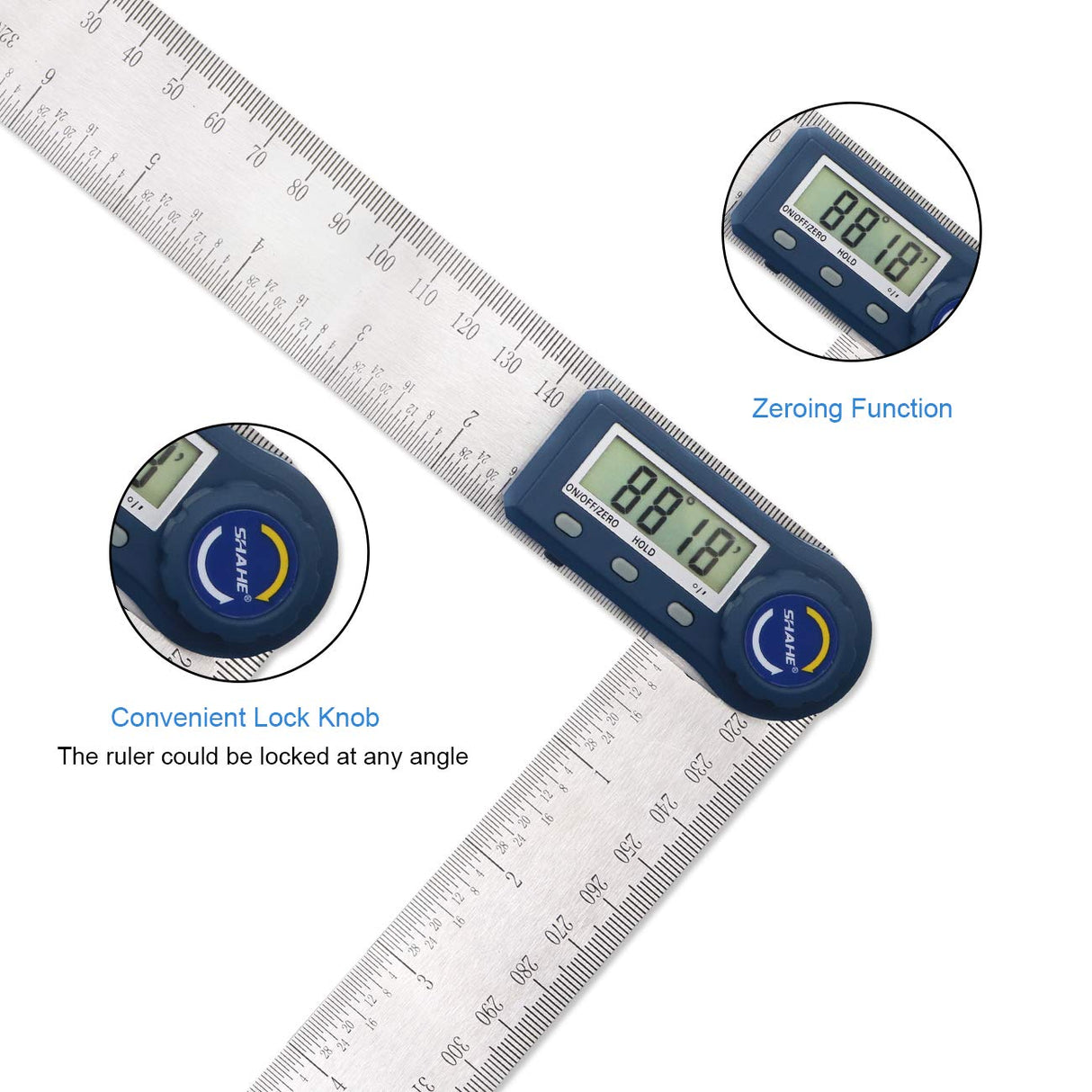 Digital Angle Finder,2 in 1 Digital Protractor, 7 inch / 200mm Stainless Steel Digital Angle Ruler with Zeroing and Locking Function SHAHE