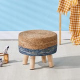 Wimarsbon Round Foot Stool Natural Seagrass Poufs Ottoman Hand Weave Footrest Stool for Couch Desk Extra Seat Step Stool with Solid Wood Legs for Hallway Patio Lounge Blue Wimarsbon