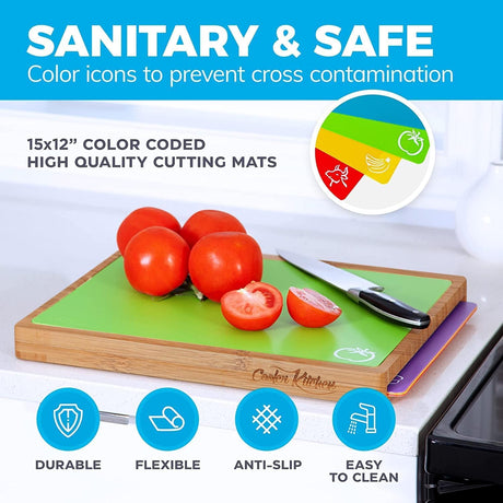 Bamboo Wood Cutting Board Set, Bamboo with 6 Color Coded Flexible Plastic Chopping Mats with Food Icons, Wooden Cutting Boards For Kitchen, Wooden Chopping Board Set Non Toxic Dishwasher Safe Cooler Kitchen