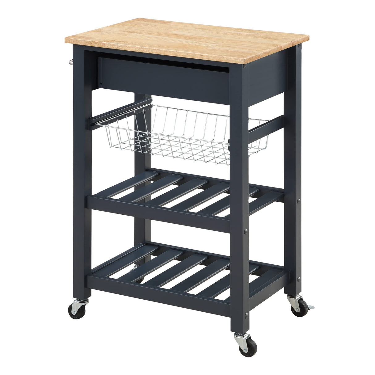 OSP Home Furnishings Hampton Kitchen Cart with Wood Top, Utensil Drawer, Under Cabinet Basket, and 2 Slatted Shelves, Blue Stone Base Office Star Products