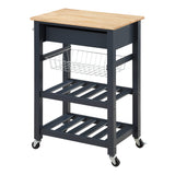 OSP Home Furnishings Hampton Kitchen Cart with Wood Top, Utensil Drawer, Under Cabinet Basket, and 2 Slatted Shelves, Blue Stone Base Office Star Products