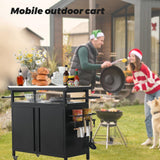 XL Rolling Bar Grill Cart Outdoor Patio Furniture, Outdoor Grill Table with Stainless Steel Top for Kitchen Prep and Outdoor Storage Cabinet for Grilling Accessories, Black Nessxa