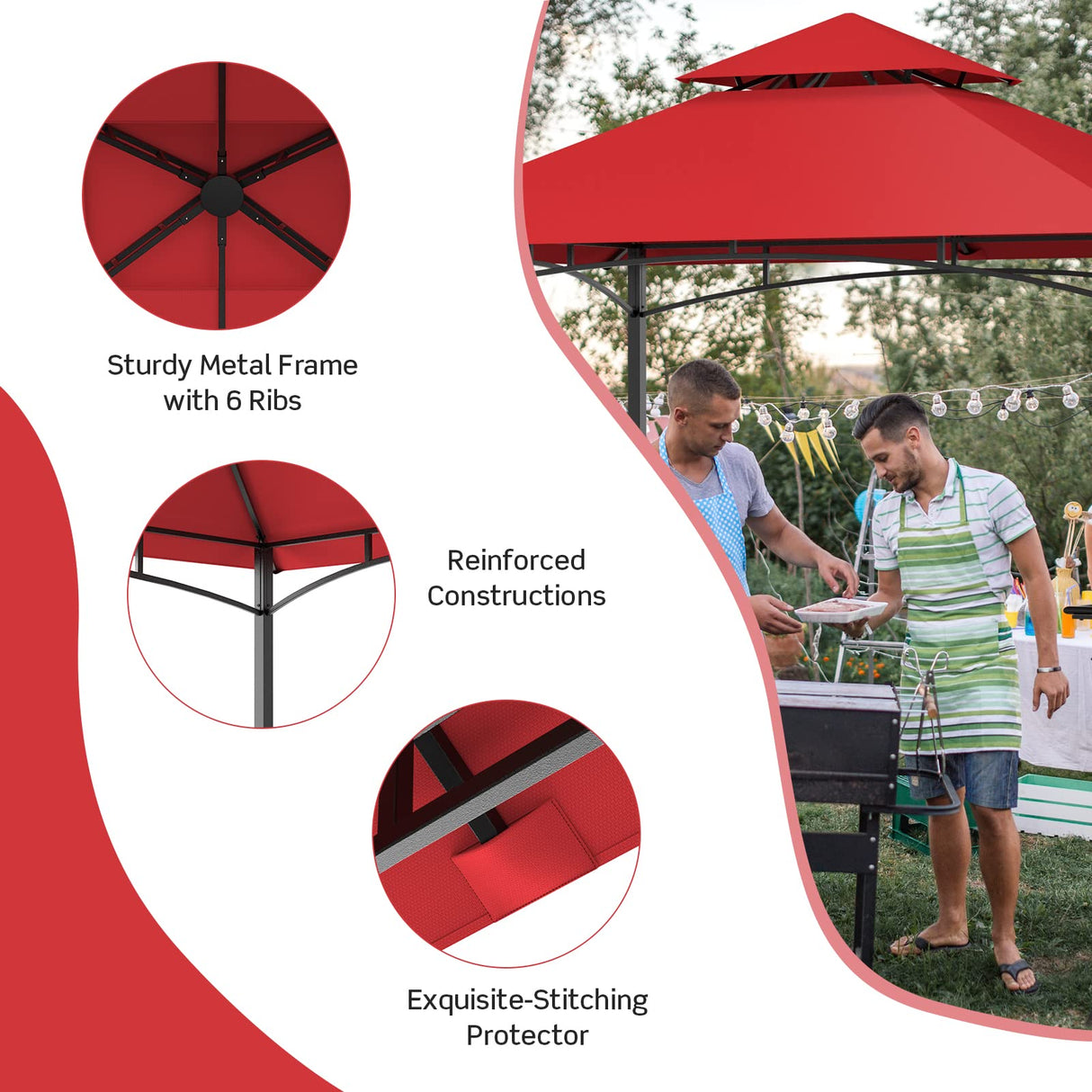 Tangkula 8x5 Ft Grill Gazebo, Double Tiered Outdoor BBQ Gazebo with 2 Side Shelves, 5 Hooks, Bottle Opener, Barbecue Grill Gazebo Shelter for Patio, Garden, Beach, Backyard (Wine) Tangkula