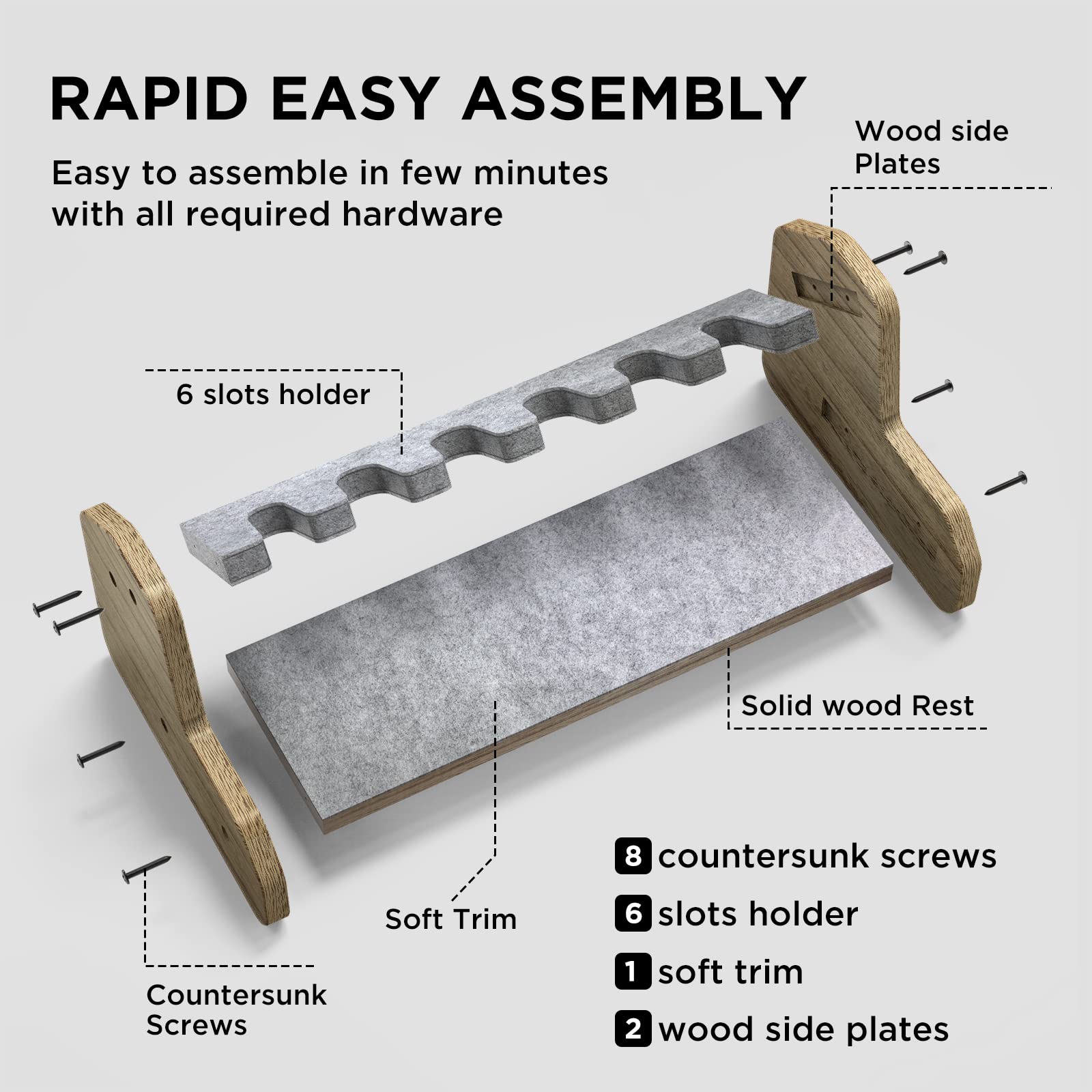 DINGDOON Pure Wood Made Pistol Rack, Handgun Rack for Gun Cabinet Storage, Gun Safe Organizer Accessories, 6 Gun Holder with Carpeted Surface - WoodArtSupply