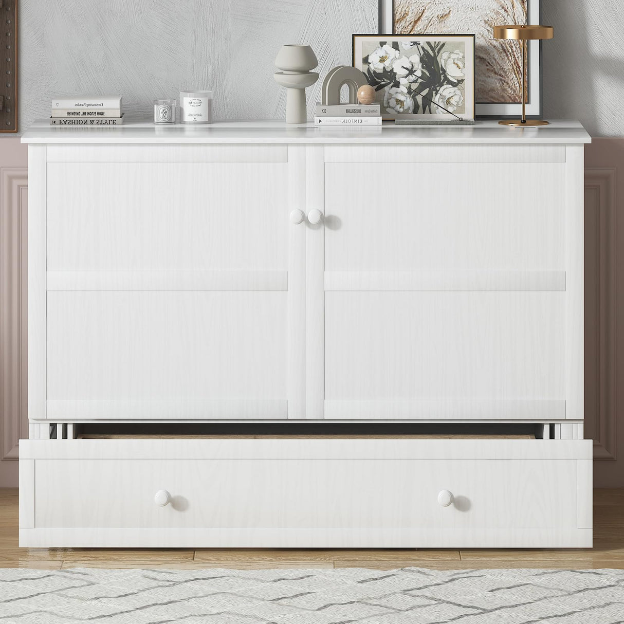 Mjkone Queen Murphy Bed, Cabinet Bed with Tri-fold Mattress/Built-in USB Charging Station/Drawers/Bedside Panel, Space Saving Hidden Adult Guest Beds, Murphy Chest Cabinet Beds for Bedroom - White Mjkone