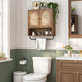 RUSTOWN Rattan Bathroom Wall Cabinet, Boho Medicine Cabinet with 2 Arched Doors, Farmhouse Over The Toilet Storage Cabinets with Adjustable Shelves & Towel Bar, 3-Tier Wall Mounted Cabinets RUSTOWN