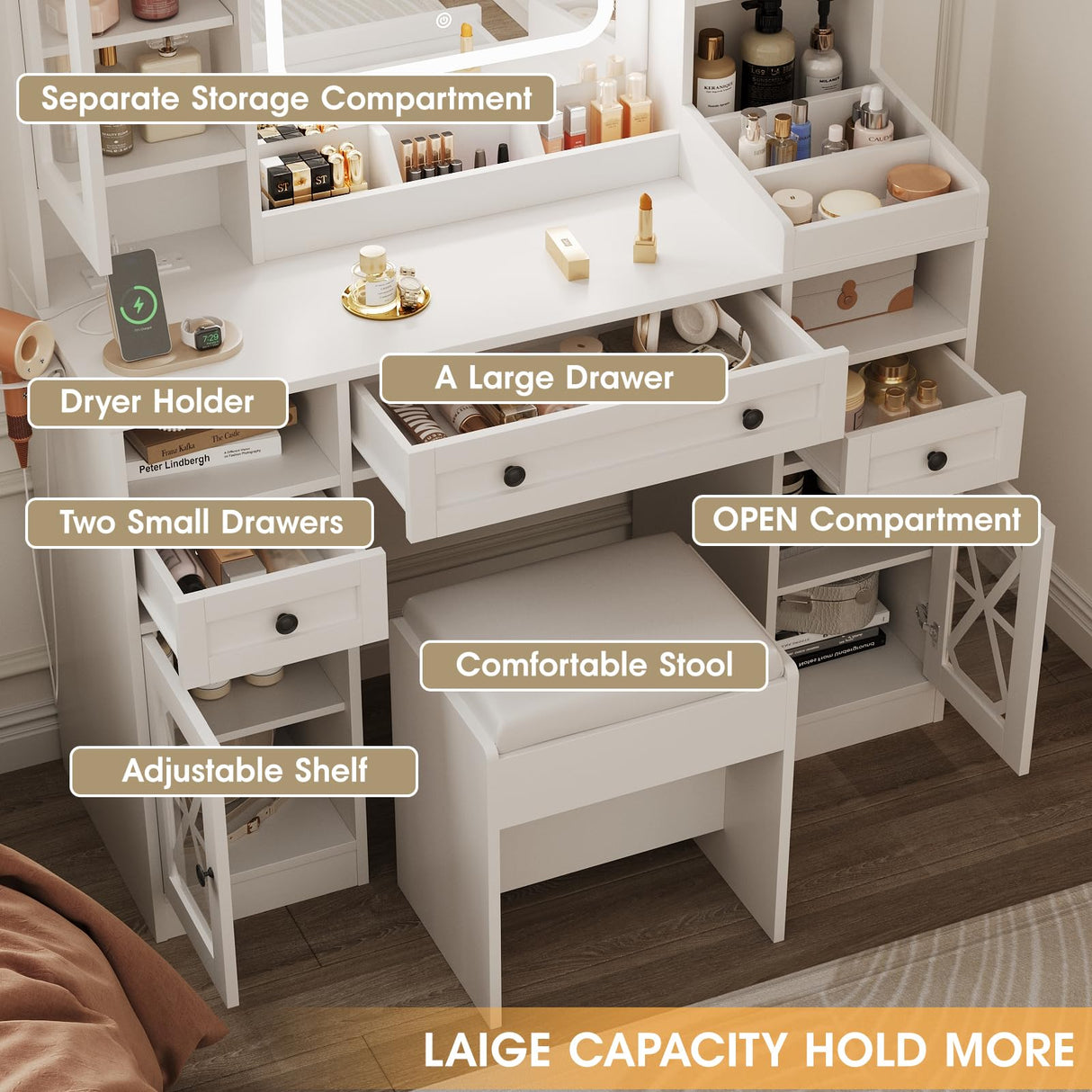 Vanity Desk with Mirror and Lights,Makeup Vanity Table with Cushioned Stool and Charging Station,3 Lighting Modes Adjustable Brightness,Drawers,Power Outlet,Shelves,White Maupvit