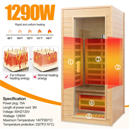 SALUSHEAT Far Infrared Sauna, 1 Person Infrared Sauna, Canadian Hemlock Wood 1290W Low-EMF Infrared Saunas for Home with Control Panel, Bluetooth Speakers, Reading Lamp