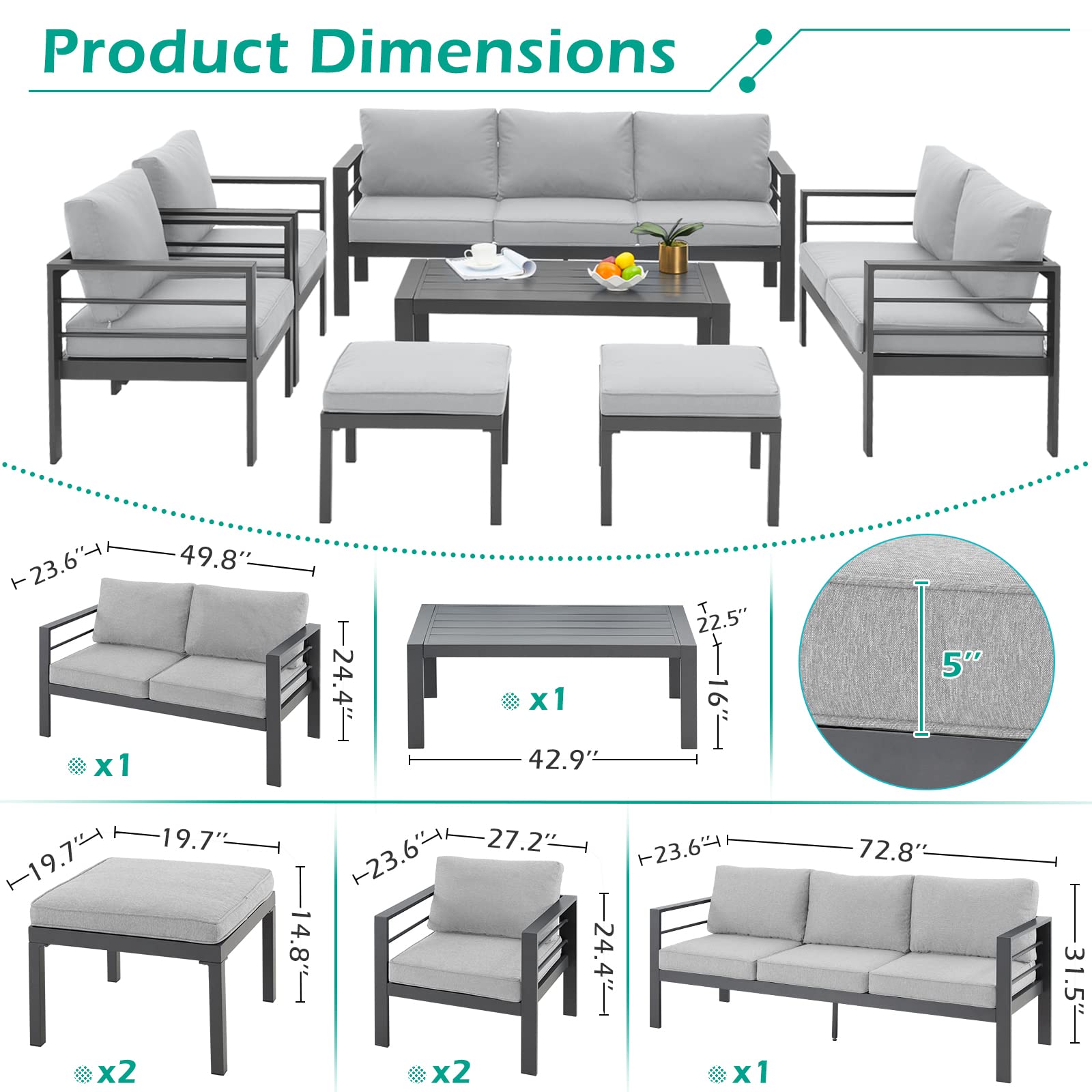 AECOJOY Aluminum Patio Furniture Set, Modern Outdoor Patio Furniture with Coffee Table, 7 Pieces Outdoor Conversation Set with Grey Cushions for Balcony, Porch, Lawn - WoodArtSupply