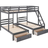 Triple Bunk Bed Full Over 2 Twin Bunk Bed for 3, Wood Triple Bunk Bed with 3 Drawers and Guardrails, 3 Bunk Bed for Teens, Kids, Boys, Girls, Teens, Adults No Box Spring Needed Flieks